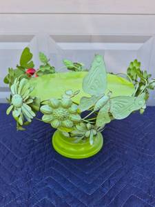 lot 115 image: Green Glass Decorative Bowl with Floral Metal Crown