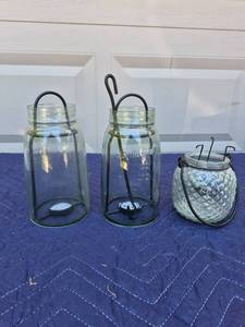lot 116 image: Glass Mason Jar Lanterns with Wire Handles Set of 3