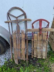 lot 135 image: Classic Wooden Sleds with Red Metal Runners See All Pictures for Condition
