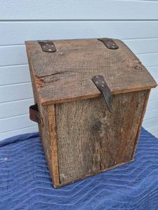 lot 142 image: Rustic Wooden Storage Chest with Leather Hardware - About 12 x 10 x 18 - Potato Box, Onion Box - Call it Whatever You Want if You Win It