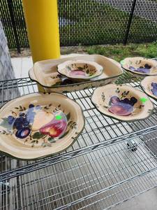 lot 152 image: Hand-Painted Fruit Pattern Ceramic Dinnerware Set - Good Condition Except a Couple Have all Chip on Bottom Rim