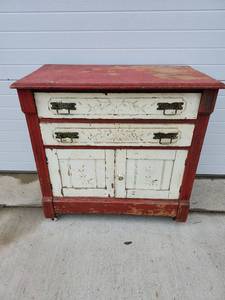 lot 163 image: Red and White Painted Wood Storage Cabinet with Drawers