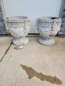 lot 204 image: Pair of Concrete Garden Urns with Greek Key Design