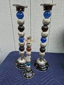 lot 371 image: Three Piece Metal Candlestick Set with Colored Glass Beads