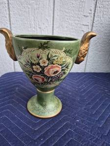 lot 375 image: Green Ceramic Urn with Floral Design and Gold Handles