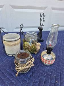 lot 405 image: Glass Oil Lamp with Rustic Home Decor Mason Jars and Wire Basket