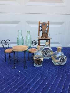 lot 420 image: Mixed Collectibles Lot - Glass Bottles, Decorative Jars, Miniature Furniture, Iron Stools