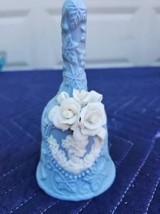 lot 428 image: Blue Satin Glass Bell with Rose Decoration