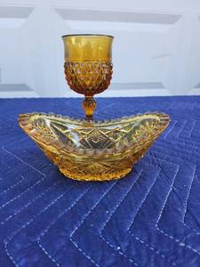 lot 431 image: Amber Glass Goblet and Bowl Set with Diamond Cut Pattern