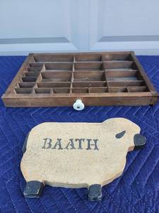 lot 435 image: Wooden Display Case with Compartments and Decorative Bath Sign