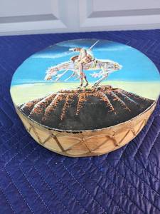 lot 437 image: Native American Frame Drum with Hand-Painted Buffalo Rider Design