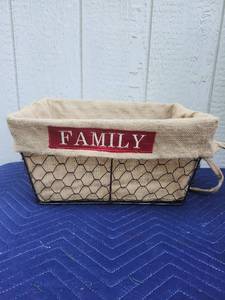 lot 454 image: Wire Basket with Burlap Liner and Family Label