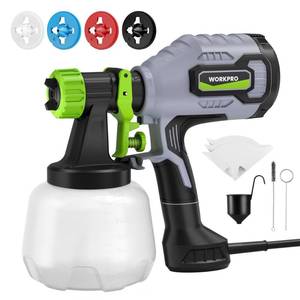 lot 37414 image: WORKPRO Paint Sprayer, 600W HVLP Spray Paint Gun with 4 Nozzles, 3 Spray Patterns & Adjustable Flow, 44 fl.oz (1300ml) Container, Paint Gun for Furniture, Cabinets, Fence, Walls, Doors, DIY Projects