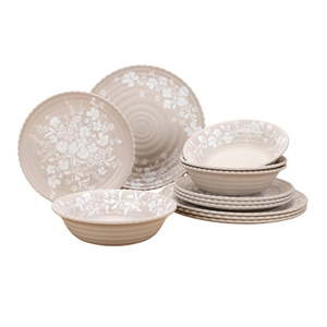 lot 37442 image: The Pioneer Woman Daisy 12-Piece Bamboo Melamine Dinnerware Set, Beige