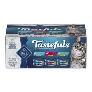 lot 37469 image: Blue Buffalo Tastefuls Natural Flaked Wet Cat Food Variety Pack, Tuna, Chicken, Fish & Shrimp Entr�es in Gravy - 3oz12ct (Best By 08052028)