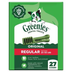 lot 37482 image: Greenies Regular Chewy Dental Dog Treats Original Chicken - 27oz (Best By 7272029)
