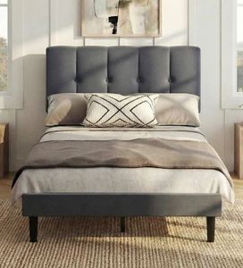 lot 40401 image: EDX Twin Size Platform Bed Frame, Fully Upholstered Mattress Foundation with Fabric Upholstered Headboard and Wooden Slats Support, No Box Spring Needed, Grey