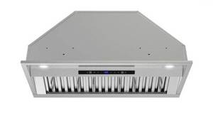 lot 40423 image: 34 in. 350 CFM Formia Convertible Insert Range Hood in Brushed Steel, Baffle Filters, Touchpad Control, LED Lights - Retail $420