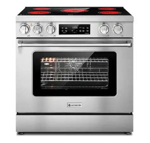 lot 40424 image: 36 in. 5 Elements Free-Standing Electric Range in Stainless Steel, 2-in-1 Ceramic Cooktop & Range Oven with Air Fryer - Retail $1,998