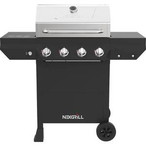 lot 40425 image: Nexgrill 4-Burner Propane Gas Grill in Black with Stainless Steel Main Lid (GRILL LID DENTED)- Retail $249