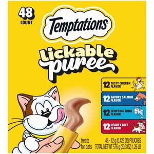 lot 41664 image: Temptations Liver, Salmon, Tuna, Chicken and Beef Flavor Variety Pack Lickable Puree Cat Treats - 20.4oz48ct, BEST BY 06032027, OPENED