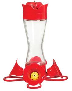 lot 41675 image: Red Plastic Hummingbird Feeder with Flower Feeding Ports