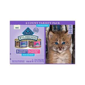 lot 41716 image: Blue Buffalo Wilderness High Protein Grain-Free Natural Kitten Pate Wet Cat Food Variety Pack with Chicken & Salmon - 3oz6ct DENTED CANS, SEE PICTURES, BEST NOVEMBER 12, 2028