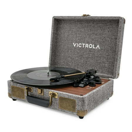 lot 36182 image: Victrola Venture Bluetooth Portable Mid-Century Modern Suitcase Record Player with 3-Speed Turntable & Built-in Speakers  Walnut  (NOT POWERING ON)- Retail $100