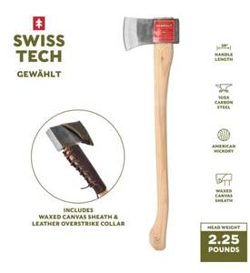 lot 37495 image: Swiss Tech 28-inch Drop Forged Steel Axe with Hickory Handle, Gewahlt - Retail $67
