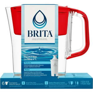 lot 37499 image: Brita 6 Cup Small Plastic Water Filter Pitcher  Red  BPA Free with 1 Standard Brita Filter
