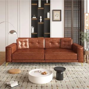 lot 40443 image: Polibi 92.1 in. Square Arm Faux Leather Rectangle Sofa with Sofa Bed and Pillows in Light Brown (Seats 4) (SEE DETAILS) - Retail $894