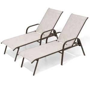 lot 40447 image: 2-Piece Adjustable Outdoor Chaise Lounge Chair with Metal Frame Adjustable Backrest Fast-Dry Textilene Fabric in Beige - Retail $189