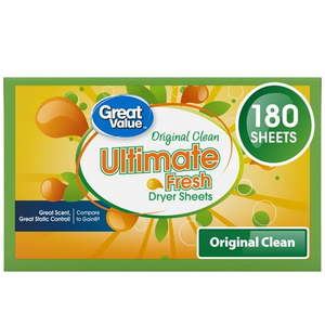 lot 41775 image: Great Value Ultimate Fresh Dryer Sheets  Original Clean  180 Count  Compare to Gain
