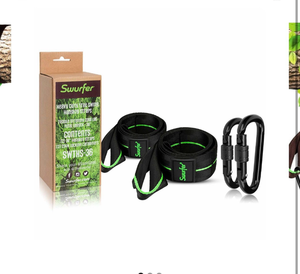 lot 42227 image: Swurfer Tree Swing Hammock Straps Hanging Kit for Hammock, Tree Swings, Durable, Weatherproof, Rust Free, Secure Lock Snap Carabiners Included, Weight Limit 2200 lbs Per Strap (5 Feet - 2 Straps)