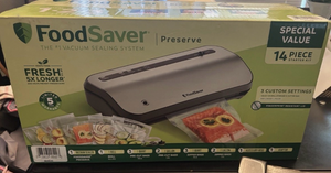lot 42233 image: FoodSaver Preserve Vacuum Sealer, 14-Piece Starter Kit, Vacuum Seal Roll & Bags