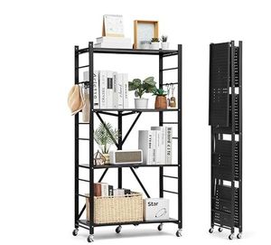 lot 42252 image: VEVOR 4-Tier Foldable Storage Shelf, 28W x 13D x 54H Inch Folding Metal Rack Shelving Unit, No Assembly Organizer Shelf with 5 Wheels & 4 Hooks for Pantry, Kitchen, Garage, Base - Retail $75