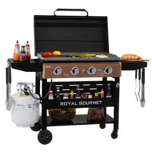 lot 40465 image: 4-Burner Propane Gas Griddle with Hood, Collapsible Side Shelves, 52000 BTU, Stylish Antique Bronze Control Panel - Retail $269