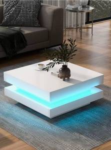 lot 40466 image: Vinsetto High Gloss Minimalist Coffee Table with LED Lights, 2-Tier Square Center Table for Living Room, 31.5 L x 31.5 W x 14 H, White - Retail $232