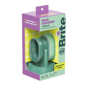 lot 41795 image: Brite by Scotch-Brite Fillable Palm Scrubber Dish Sponge with Built-in Soap Dispenser and Drain  Dry Stand