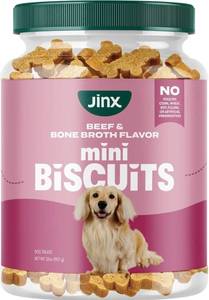 lot 41804 image: Jinx Beef Bone Broth Mini Biscuits, Crunchy Dry Dog Treats, 32 oz Jar BEST BY 09122027