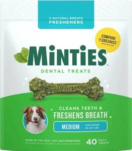 lot 41805 image: MINTIES Dog Dental Bone Treats, Dental Chews for Medium Dogs, 40 Count, Shelf-Stable BEST BY 01262028