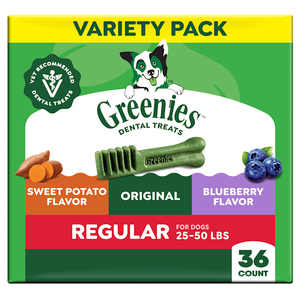 lot 41809 image: Greenies Adult Dental Natural Dog Treats Regular Size, 3 Flavors, (3) 12 oz. Packs, 36 Count, BEST BY NOVEMBER 26, 2029