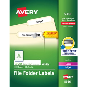 lot 41810 image: Avery Permanent Self-Adhesive LaserInkjet File Folder Labels, White, 1500Box
