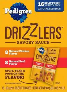 lot 41815 image: Pedigree Drizzlers Savory Sauce Multipack, 60g Twin Pouch, Pack of 2 (32 Pouches, 64 Servings) BEST BY 082327