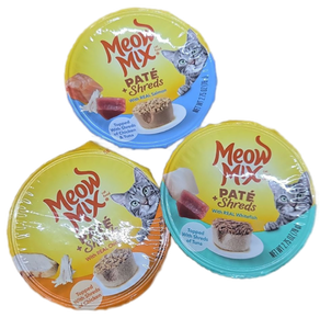 lot 41831 image: Meow Mix Pate Plus Shreds Wet Cat Food Cups Variety Pack, BEST BY OCTOBER 18, 2027, 12 Pack
