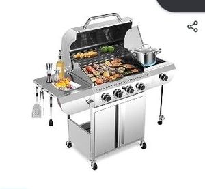 lot 42260 image: R.W.FLAME 4-Burner Propane Gas Grill with Side Burner, Stainless Steel Propane Grill 42000BTU for Outdoor Cooking, with Porcelain-Enameled Cast Iron Grates, Baking Pan, Silver - Retail $300