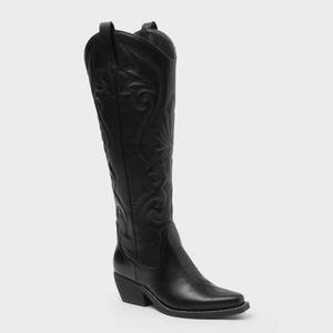 lot 41870 image: Womens Kenzie Wide Calf Tall Western Boots with Memory Foam Insole Wild Fable Jet Black 9.5WC Knee-High, Block Heel - Retail $55