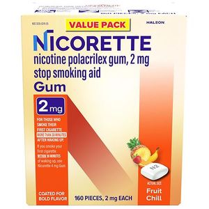 lot 41875 image: Nicorette 2mg Stop Smoking Aid Nicotine Gum - Fruit Chill - 160ct Habit Treatment, Nicotine Replacement Best By 122028, Must Have an I.D., 21 Years or Older to Buy - Retail $65