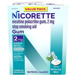 lot 41876 image: Nicorette 2mg Stop Smoking Aid Nicotine Gum - White Ice Mint - 160ct, Best By 122028, Must Have an I.D., 21 Years or Older to Buy - Retail $65