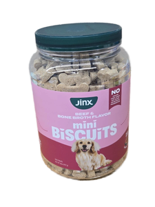 lot 41878 image: Jinx Beef & Bone Broth Flavor Mini Biscuits Dog Treats 32oz, Best By 09122027